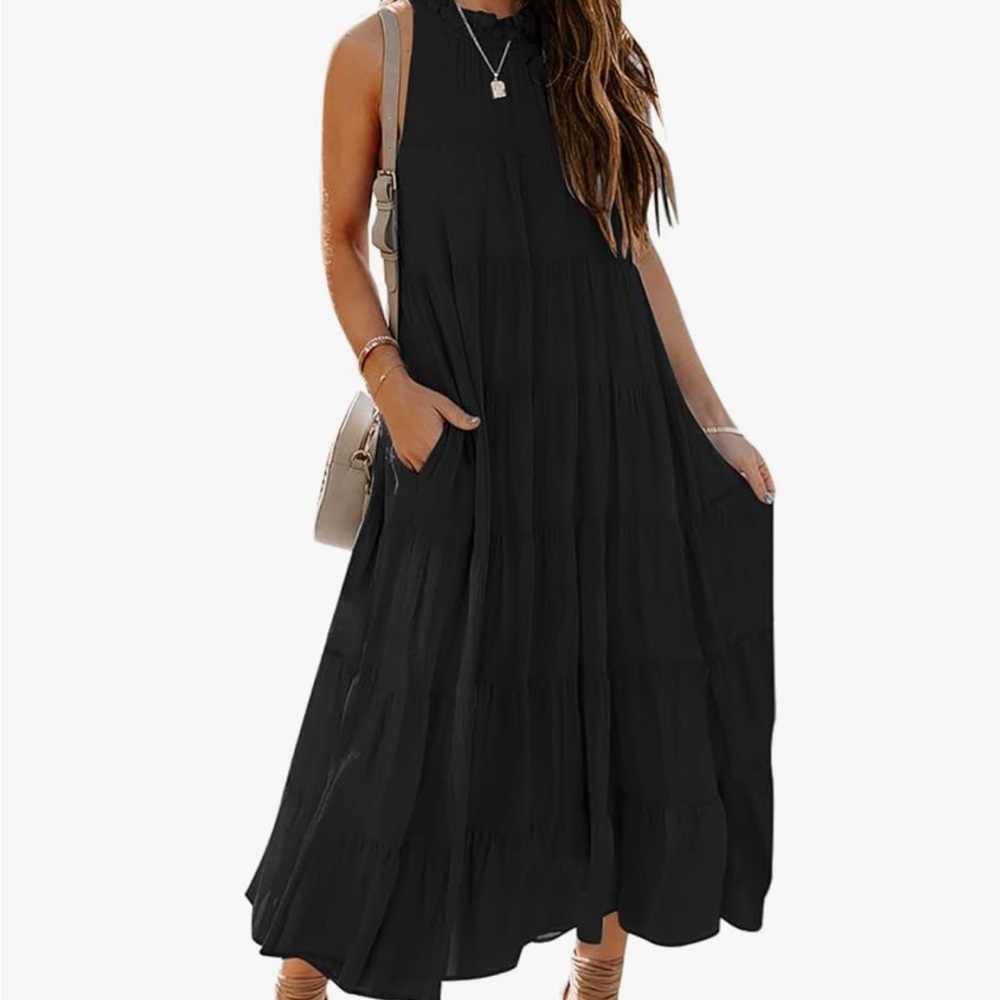 NWT, Elegant Black, Pleated Tiered Flowy Maxi Dress